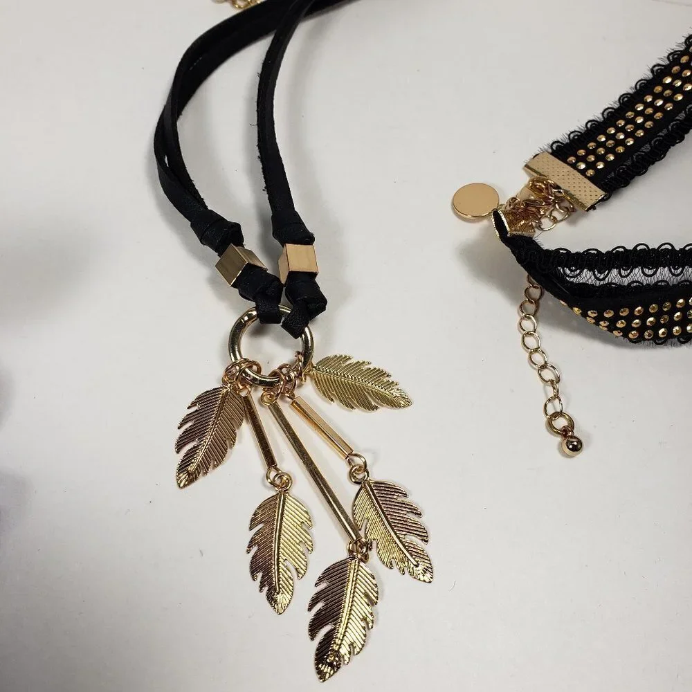 Set of 2 Chokers Gold tone Black Faux Leather Cord leaf charms, Women's Jewelry
